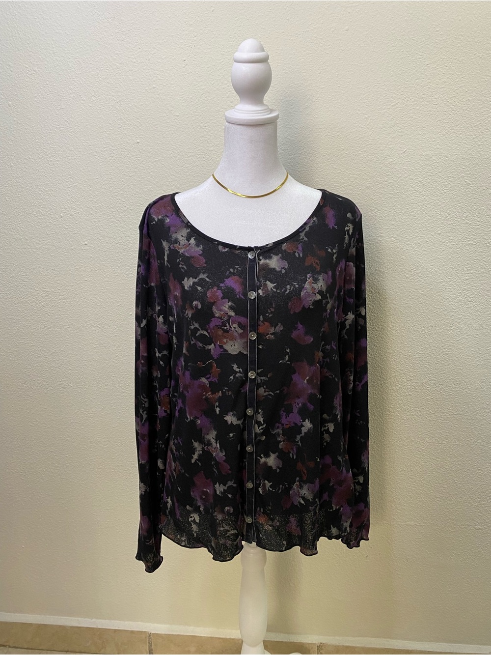 J.Jill Black Floral Semi Sheer Top L Velvet Trim Long Sleeve Button Whimsygoth